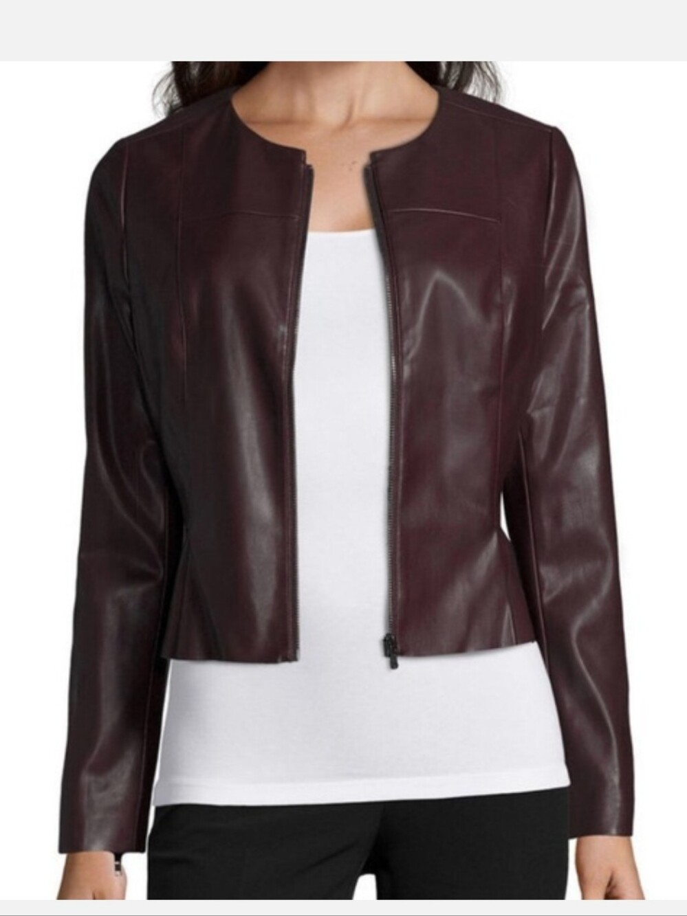 Worthington Women's Dark Burgundy Faux Leather Peplum Full Zip Jacket Size 16